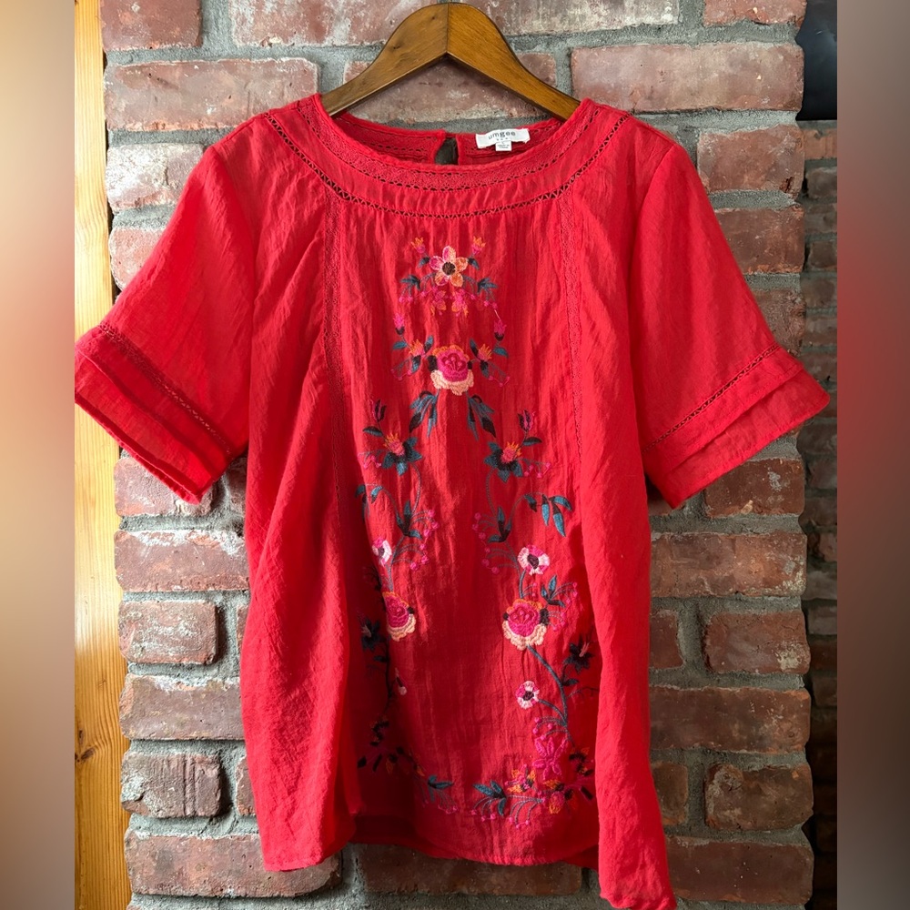 Umgee Red Floral Embroidered Short-Sleeve Tunic